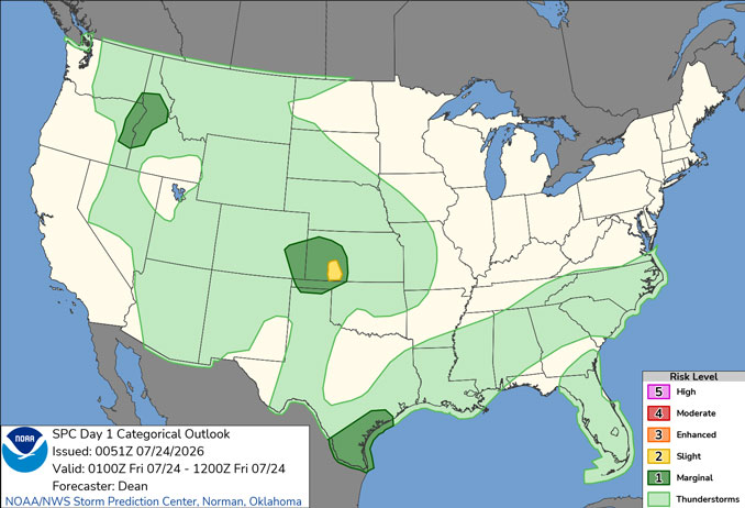 Day 1 Convective Outlook/Categorical for overnight Thursday/Friday, July 23-24, 2026 indicates no severe weather in Illinois (SOURCE: NOAA/NWS Storm Prediction Center).