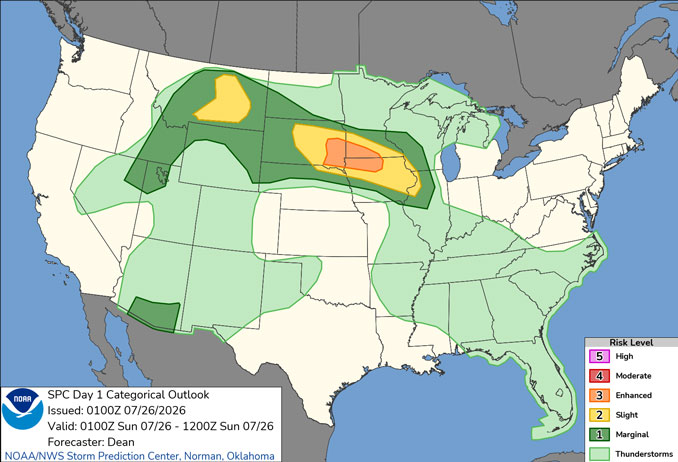 Day 1 Convective Outlook/Categorical for overnight Saturday/Sunday, July 25-26, 2026 indicates a  Level 1/5 and Level 2/5 risk of severe thunderstorms in north central Illinois and northwest Illinois (SOURCE: NOAA/NWS Storm Prediction Center).
