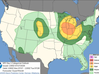 Day 1 Convective Outlook/Categorical for Monday, July 27, 2026 indicates Level 3 risk of severe thunderstorms with a 2% risk of a tornado in northern and central Illinois and neighboring states (SOURCE: NOAA/NWS Storm Prediction Center).