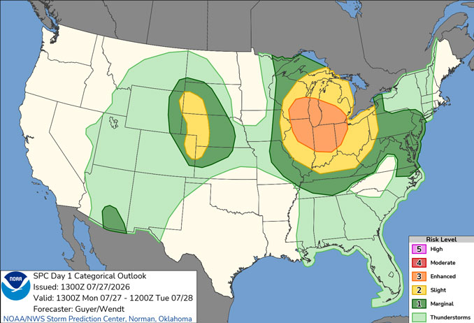 Day 1 Convective Outlook/Categorical for Monday, July 27, 2026 indicates Level 3 risk of severe thunderstorms with a 2% risk of a tornado in northern and central Illinois and neighboring states (SOURCE: NOAA/NWS Storm Prediction Center).